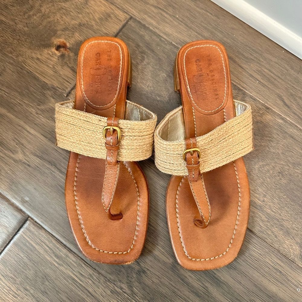 The Original Car Shoe Brown Leather Woven Square Toe Slide On Sandal - Size 37